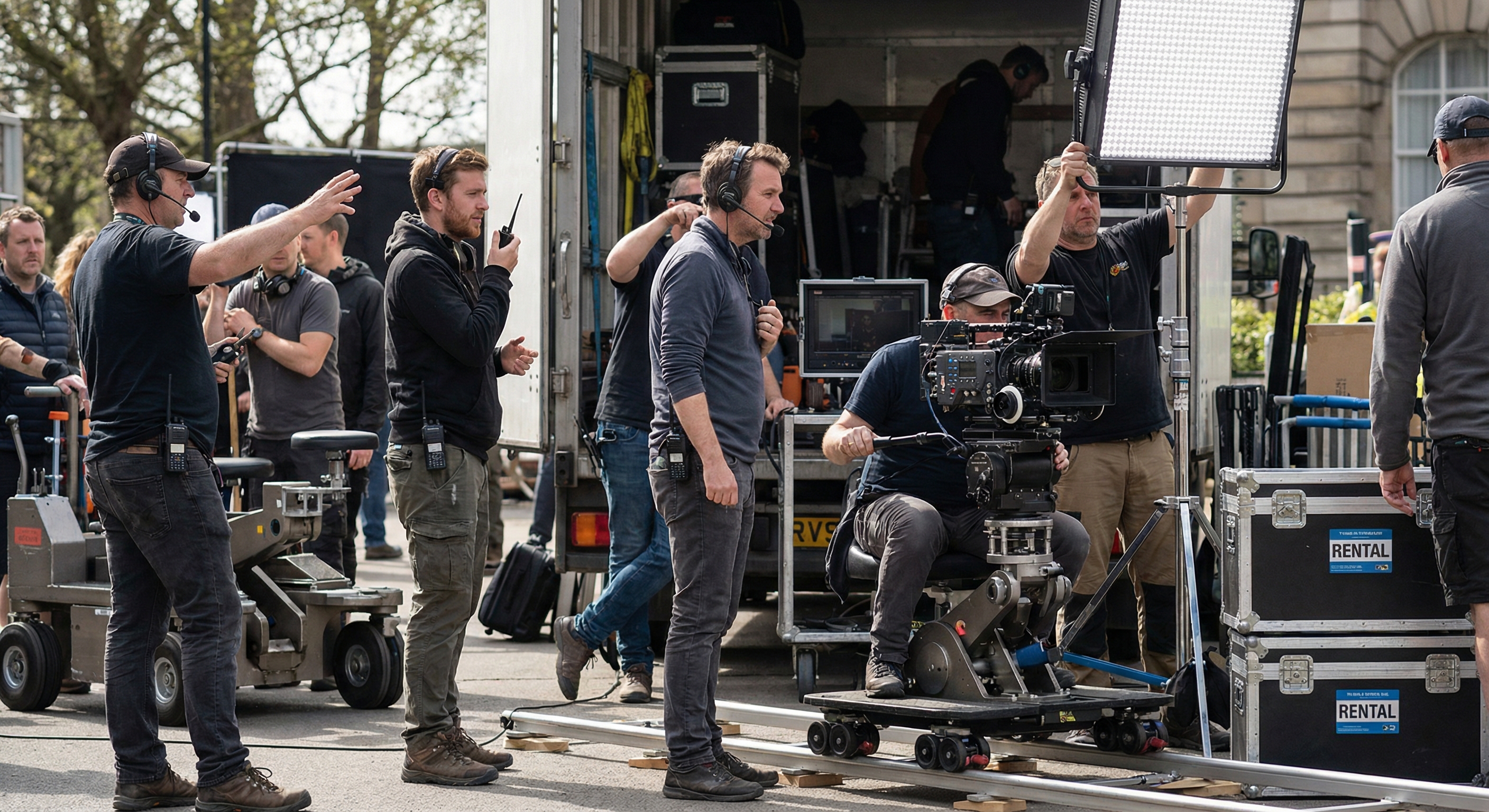 撮影現場で無線機を使用するスタッフのイメージ